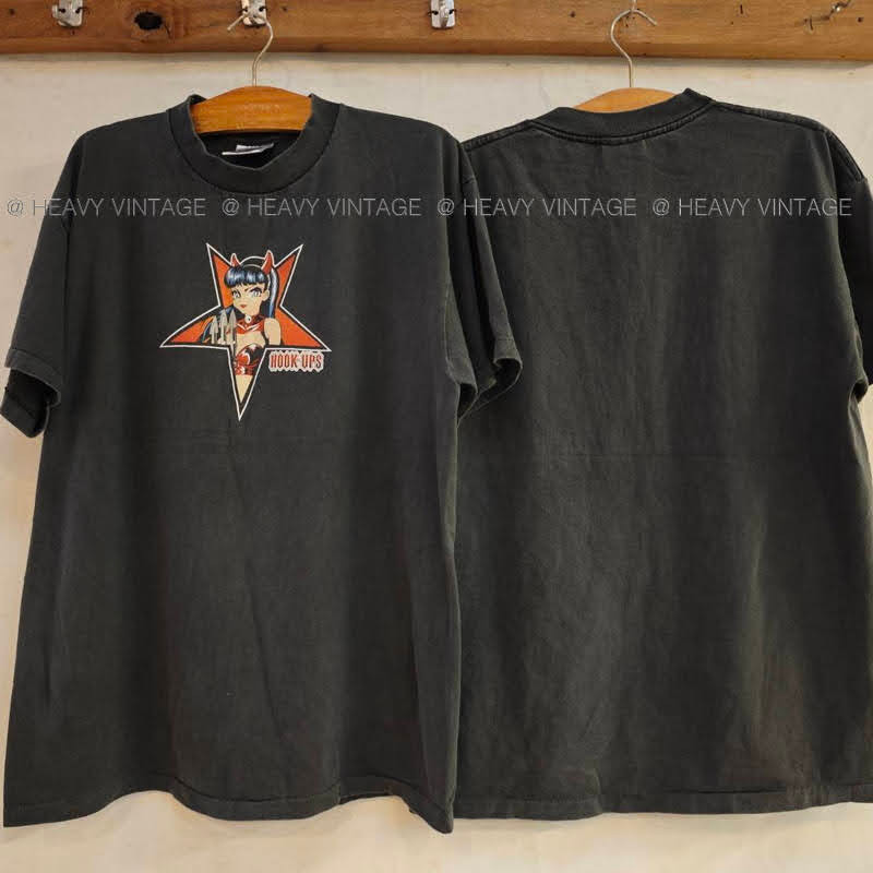 HOOK-UPS Devil Girl star VTG 90s Skateboards Bio Washed tag USA เสื้อวินเทจ street fasion heavy vintage shirt