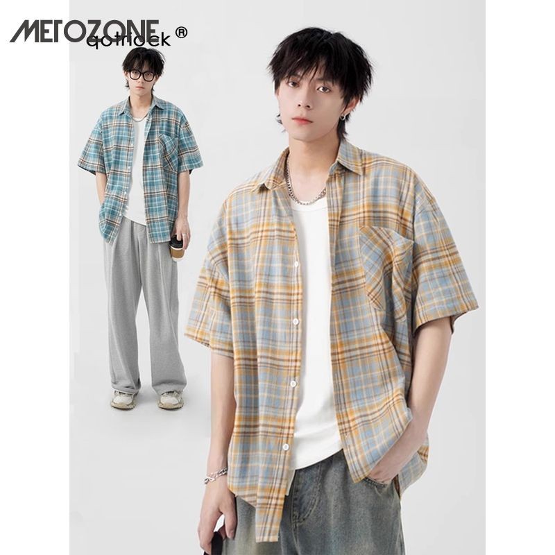 เสื้อเชิ้ตผู้ชายฤดูร้อนใหม่หลวมทุกการแข่งขันแฟชั่นย้อนยุคครึ่งแขนลายสก๊อตแขนสั้น