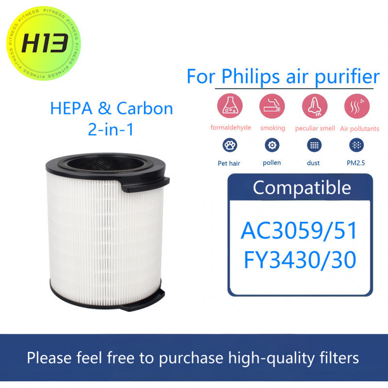 (H13) สำหรับเครื่องฟอกอากาศ Philips AC3059/51 FY3430/30 แผ่นกรอง HEPA และคาร์บอน 2-in-1