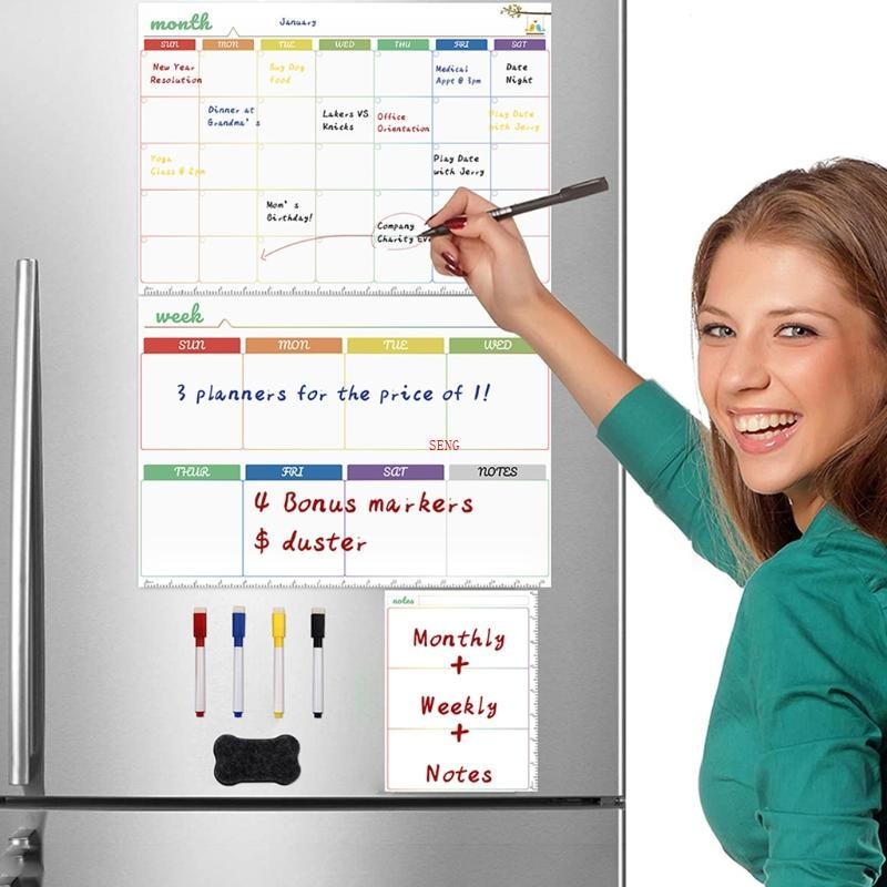 Seng Magnetic White Board Kit Daily Weekly รายเดือน Planner ปฏิทินตู้เย็นแม่เหล็กวาดปากกาลบ