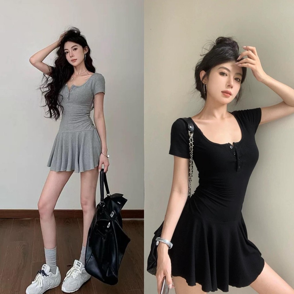 Anata เดรสรัดรูปกล้าม แฟชั่นผู้หญิง เดรสสาวสาวอวบ น่ารักๆมินิมอล ชุดเซ็กซี่ ชุดแขนสั้นผู้หญิงเอวสั้นกระโปรงรัดรูป