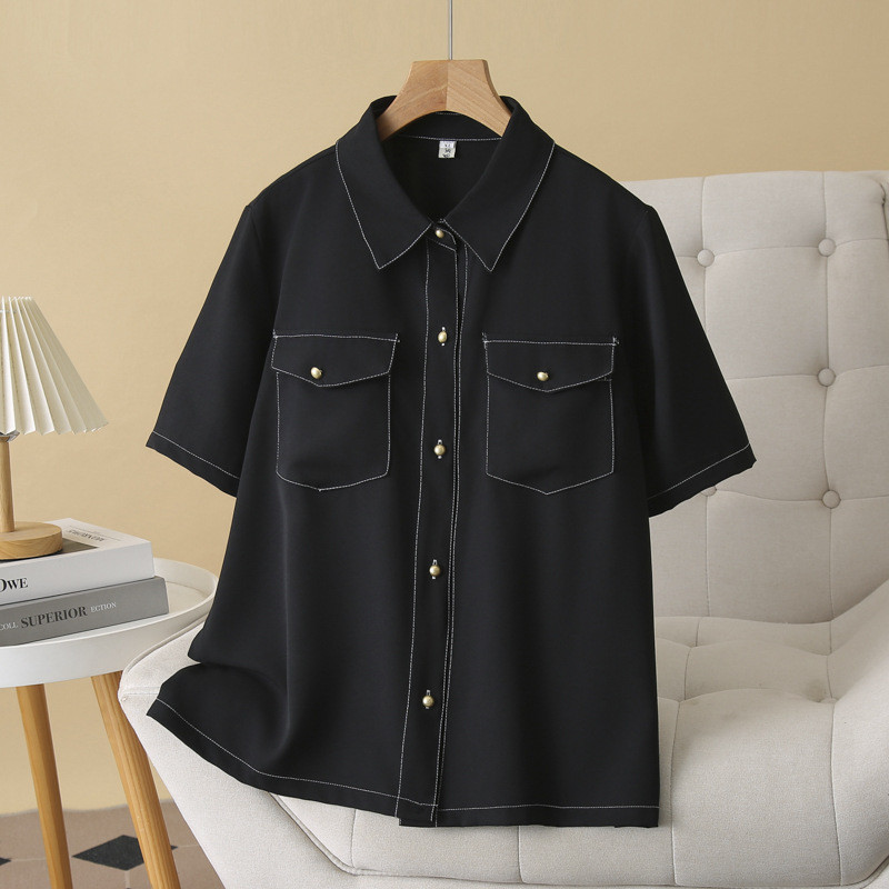 พลัสขนาดผู้หญิง XL-4XL แขนสั้นสีดํากาแฟเสื้อสตรี Elegant Office-wear ฤดูร้อนด้านบน