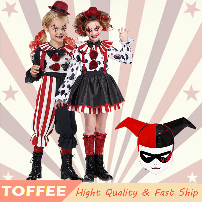 Circus Clown เสื้อสีดําสีแดง Overalls กระโปรงลายชุดสําหรับเด็กเด็กผู้หญิงคอสเพลย์เครื่องแต่งกายปาร์ตี้ฮาโลวีนชุดประสิทธิภาพ