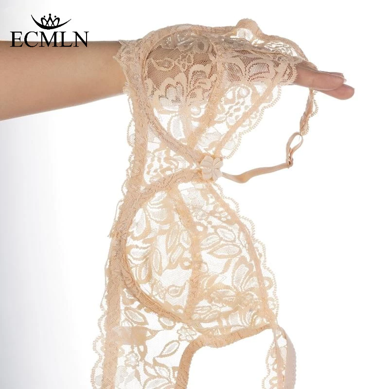ECMLN Ultra-thin เซ็กซี่ประณีตลูกไม้ผู้หญิง Bras Non-paded Plus ขนาดแหวนเหล็ก Push Up Hollow Out Bralette