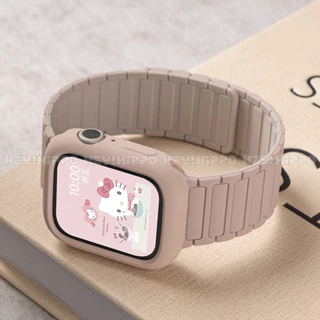 สายรัดแม่เหล็ก+เคสป้องกันซิลิโคนเหมาะสําหรับสมาร์ทวอทช์ซีรีส์ 11/10/9/8/7/6/5/SE/4/3/2/1 ชุดสายรัดเหมาะสําหรับ iwatch 49/46/45/44/42/41/40/38 มม.