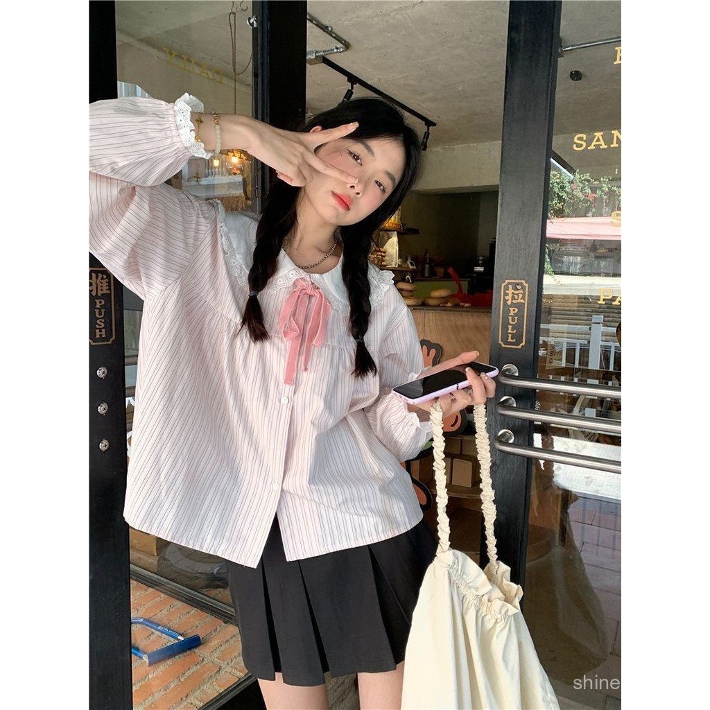 คอตุ๊กตา เสื้อแขนยาวลายทาง สไตล์ญี่ปุ่น เสื้อหวาน EQR0