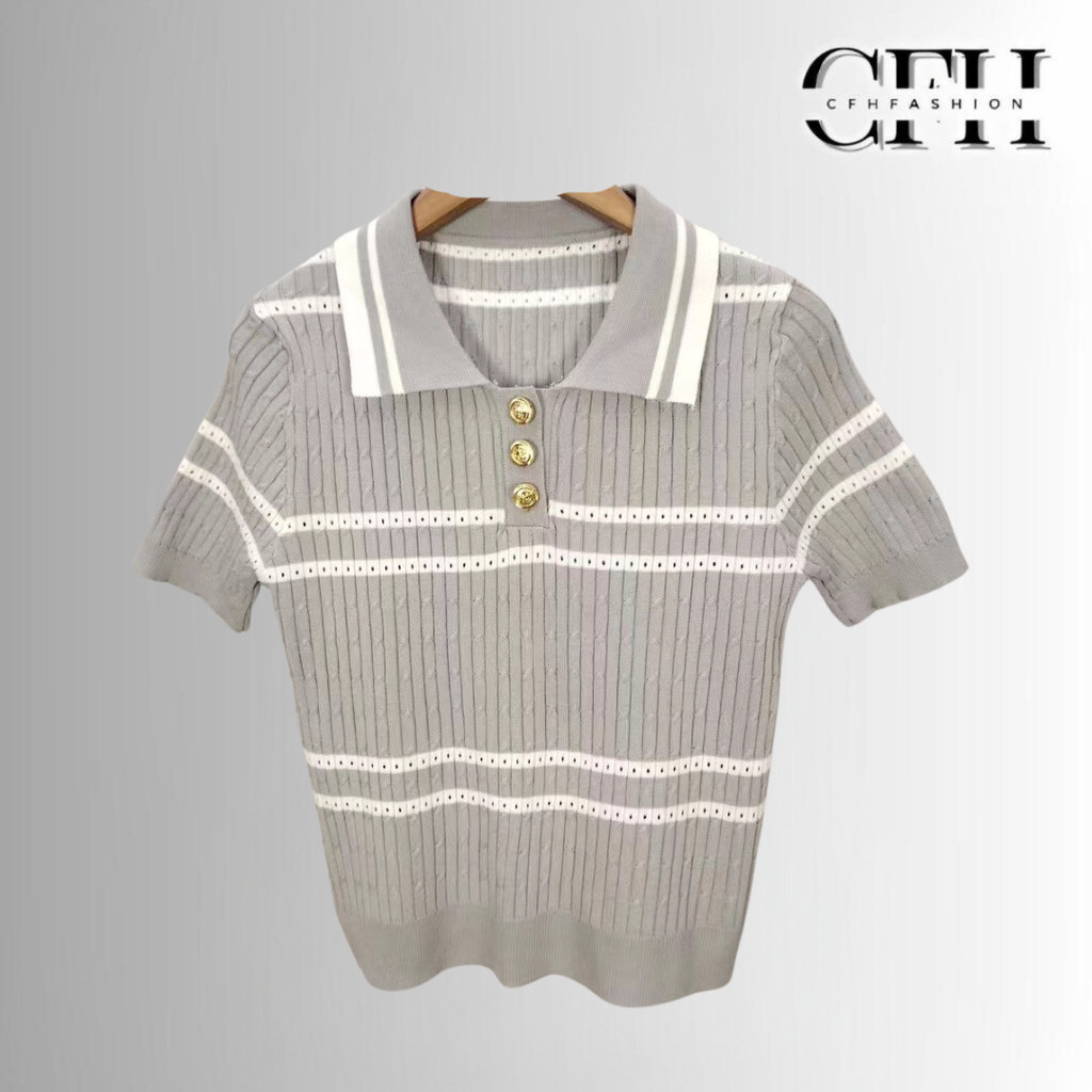 CFH ผู้หญิงแขนสั้นถักคอปกเสื้อยืดแฟชั่นเสื้อถักลาย BJ1710