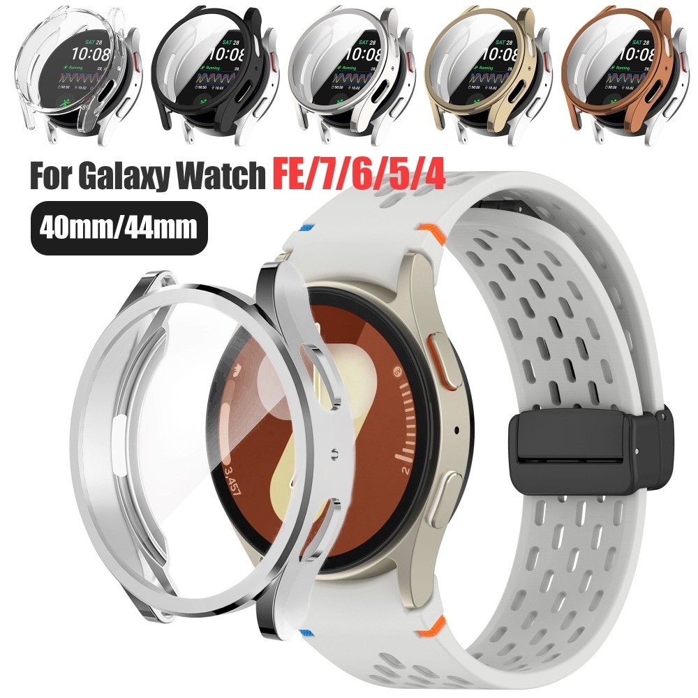 ตาข่ายรูหัวเข็มขัดแม่เหล็กสําหรับ Samsung Galaxy watch FE/6/5/4 40 มม.44 มม.สายรัดซิลิโคน + TPU รวมทุกอย่าง soft case ป้องกันหน้าจอ