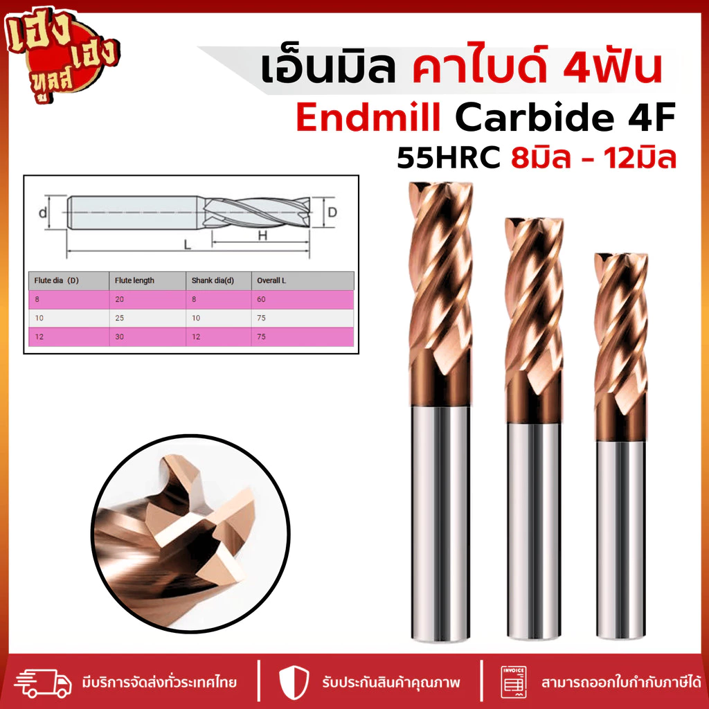 เอ็นมิลคาร์ไบด์ 55HRC 4ฟัน สีทอง Endmill Carbide 4F (8-12mm) กัดเหล็ก สแตนเลส เหล็กเหนียว งานไต้หวัน