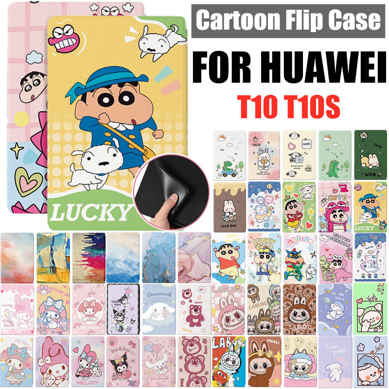 Kuromi Melody Labubu Crayon Shin Chan การ์ตูนสําหรับ Huawei MatePad T10S T10 AGS3-L09/AGS3-W09 AGR-L09 AGR-W09 ทาสีนูน PU หนังกรณีพลิกขาตั้งเด็กขาตั้ง