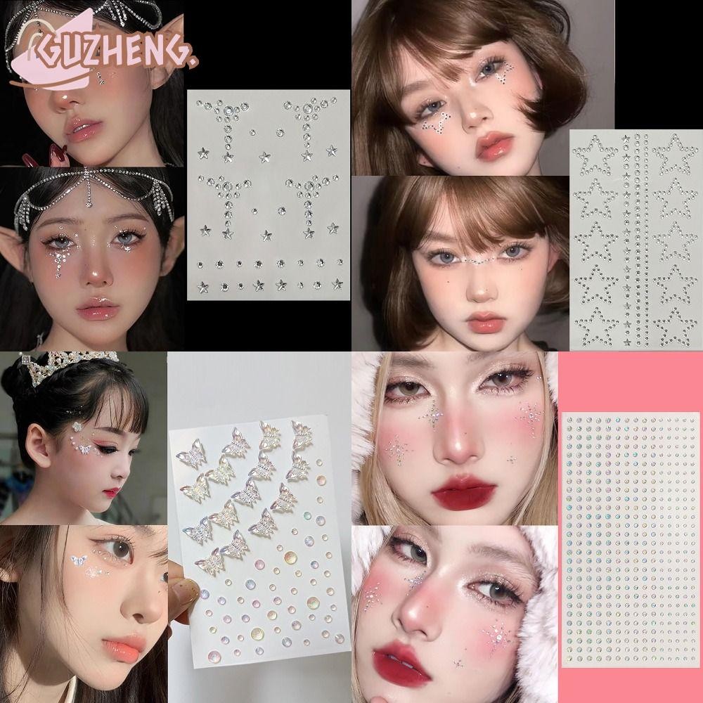 Guzheng อัญมณีสติกเกอร์, Body Makeup Face ตกแต่งสติกเกอร์เครื่องประดับ, Shinny กาวดอกไม้ผีเสื้อ Stars Hearts Eye Shadow สติกเกอร์ปาร์ตี้วันหยุด