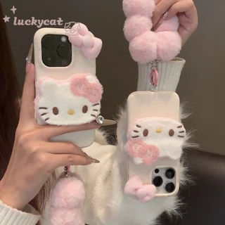Iphone 16 15 14 13 12 11 Pro Max X Xr Xs Max เคสโทรศัพท์น่ารัก 3D DIY สีชมพูฤดูหนาวตุ๊กตาสีชมพูโบว์ KT Cat + Lanyard หนังนุ่มปกหลัง