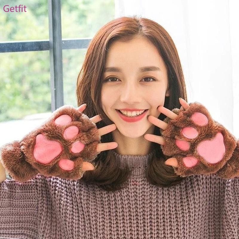 Women Winter Warm Half Finger Gloves Cartoon for Cat Plush Fingerless Mitten