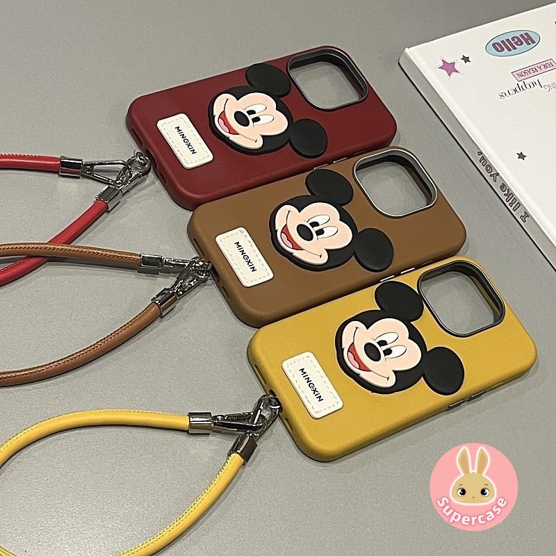น่ารักการ์ตูนmickeyสําหรับiphone 16 Pro Max 15 14 Plus 13 12 11 Pro Max X XR XS Max 8 7 6 6s Plusหรูหราหนังสลิงเคสโทรศัพท์พร้อมสายรัดเชือกAnti-fall Cover