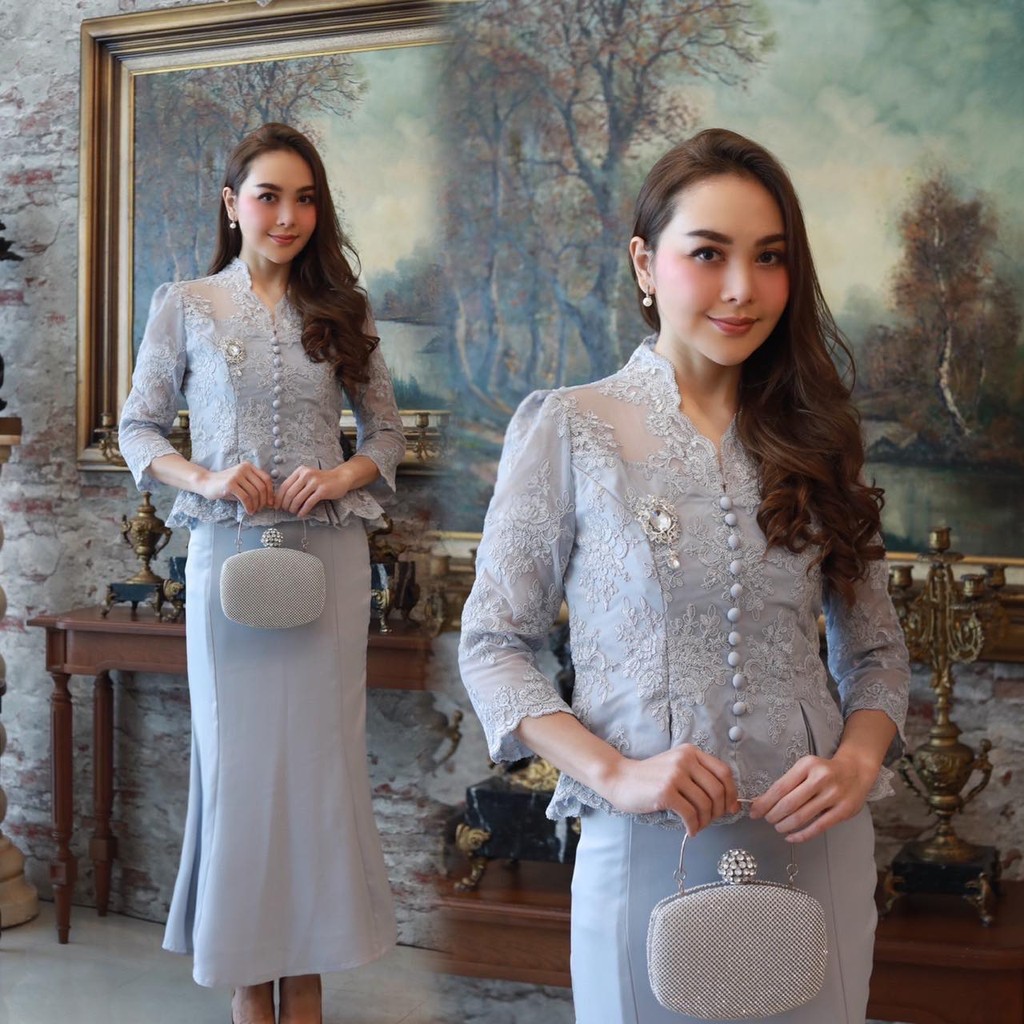 4 สี ส้ม ฟ้า ชมพู เทา ชุดหางปลาสุดหรูเสื้อลูกไม้แต่งกระดุมกระโปรงผ้าวาเลนติโนหางปลาซับในทั้งตัว ชุดออกงาน สุดหรู M-5XL