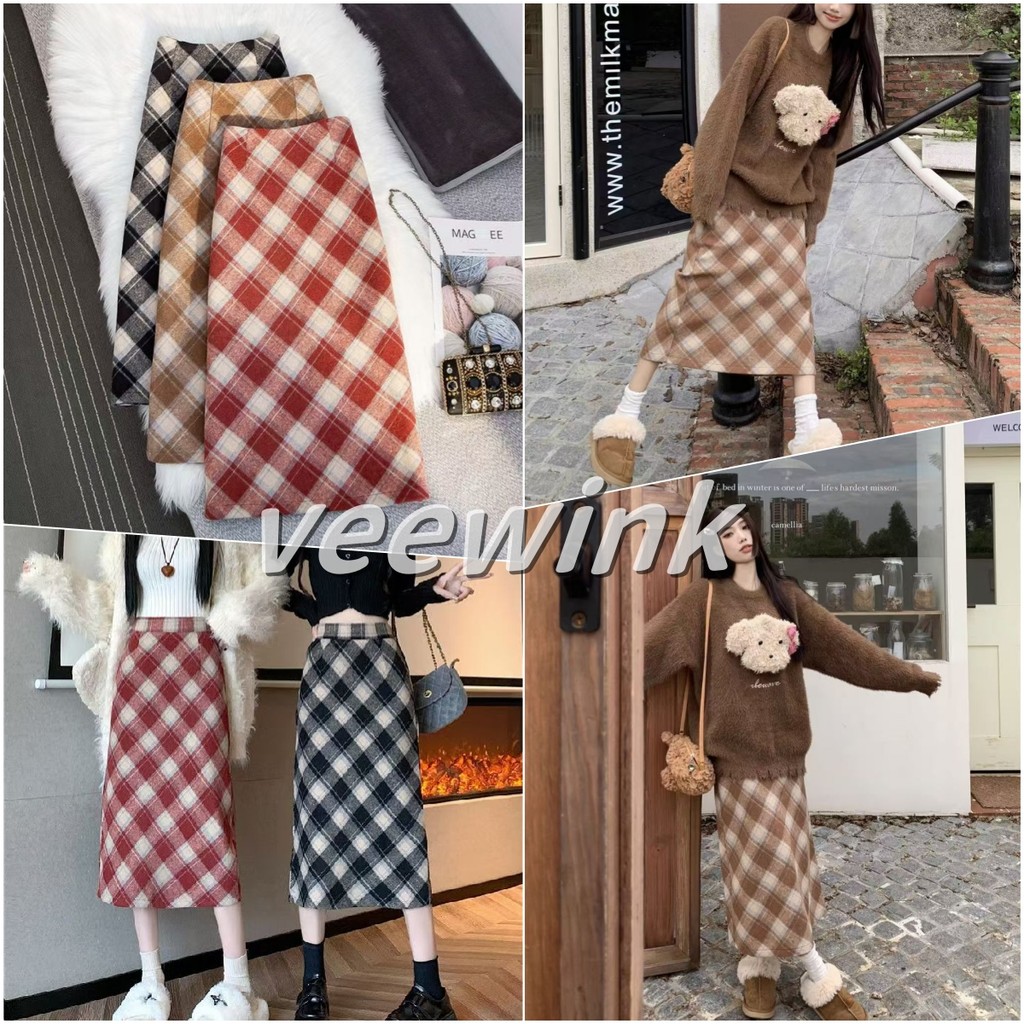 Veewink พร้อมส่งจากกทม กระโปรงเอวสูง ลายสก๊อต สไตล์วินเทจ สําหรับผู้หญิง ผ้าเปเป้ ผ้าอย่างดี อยู่ทรง ใส่สบาย