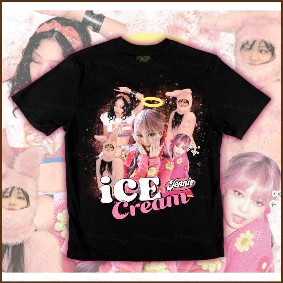 Sqd BLACKPINK เกาหลี KPOP JENNIE ICE CREAM คอสเพลย์ผ้า ฤดูร้อนเสื้อยืดอะนิเมะแขนสั้นด้านบน COTTON100