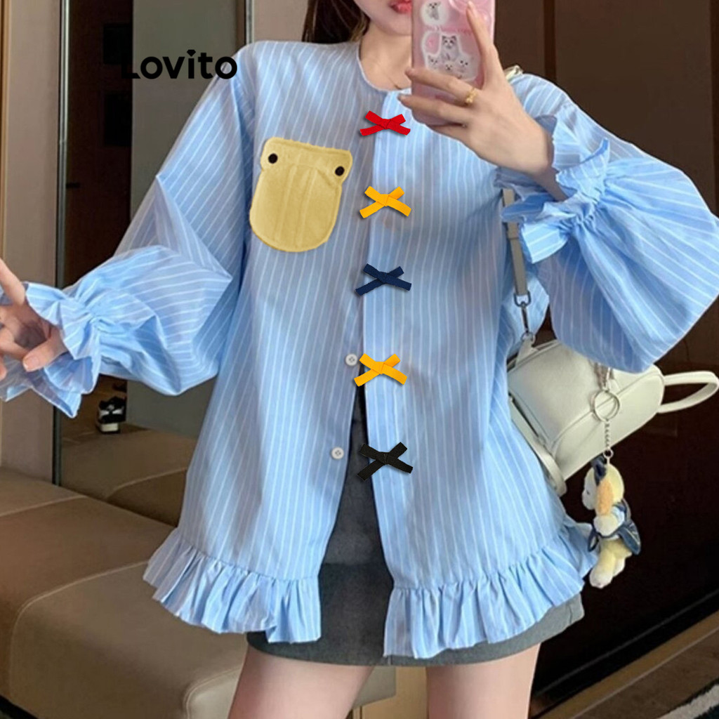 Lovito เสื้อเบลาส์ทรงจีบธรรมดาน่ารักสำหรับผู้หญิง LNA74216