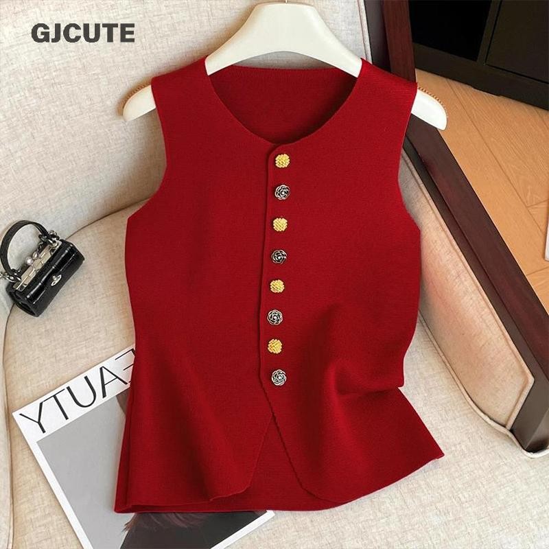 Gjcute ฝรั่งเศส Elegant ดอกไม้ปุ่มรอบคอแขนกุด Slim ถักเสื้อกั๊กสําหรับผู้หญิง WTD