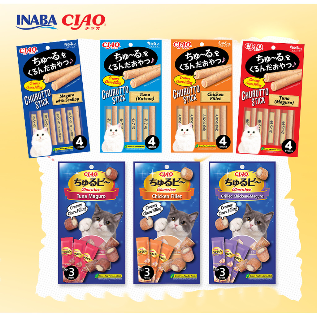 แพ็ค 6 ซอง Ciao(เชา) ขนมแมวเลียสอดไส้ CIAO Churutto Stick& CIAO Churu BEE (10g x4)X6 ซอง