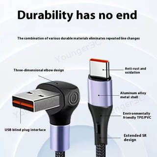 สายชาร์จเร็ว USB แบบตาบอด 66W,3D 90°ข้อศอก 5 In 1 ทอ Fast Charging Data Cable,0.6-1.5M USB A ถึง ios Type C Micro Charger สายไฟโทรศัพท์มือถือ