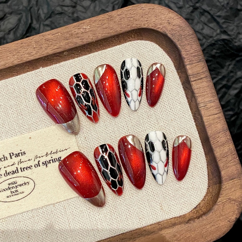 [5in1 Toolkit handmade] Red Gold Medusa CAT EYE SNAKE New Year Nail Art Long Almond fake nails with 