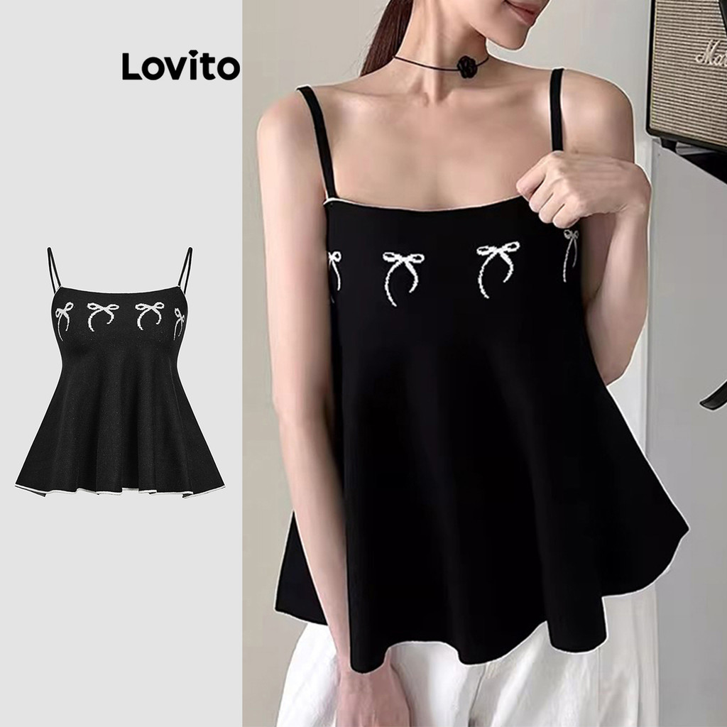 Lovito เสื้อถักผูกโบว์สีพื้นแบบลำลองสำหรับผู้หญิง L109MD816
