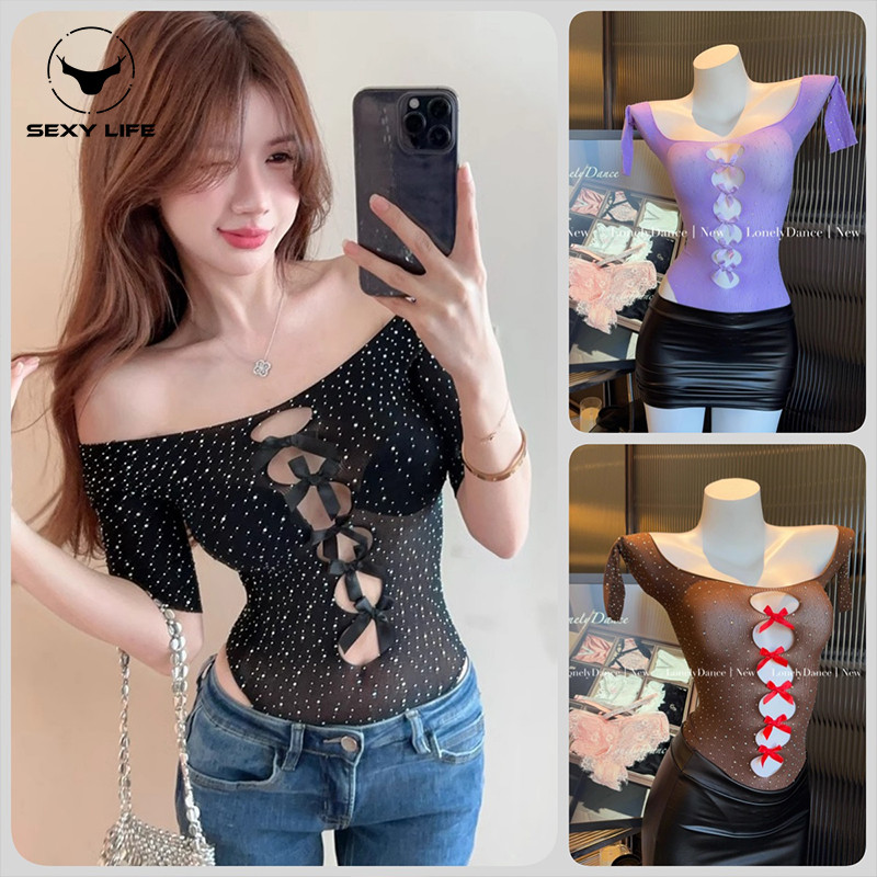 ชุดสาวร้อน บอร์ดี้สูทเจาะร้อน แขนสั้น มีโบว์ขันทั่ว สไตล์ตาข่าย ส่งไวจากไทย1-3วัน