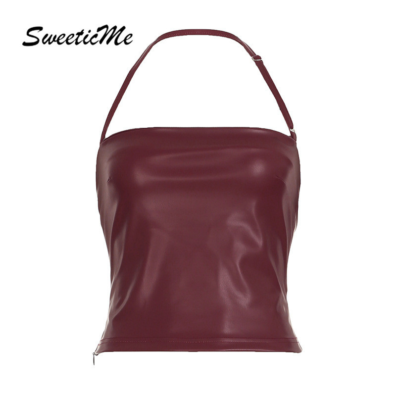 SweeticMe ผู้หญิง 2025 ใหม่แฟชั่นสีทึบเซ็กซี่PUหนัง All Match Halter เสื้อกล้าม Camisole