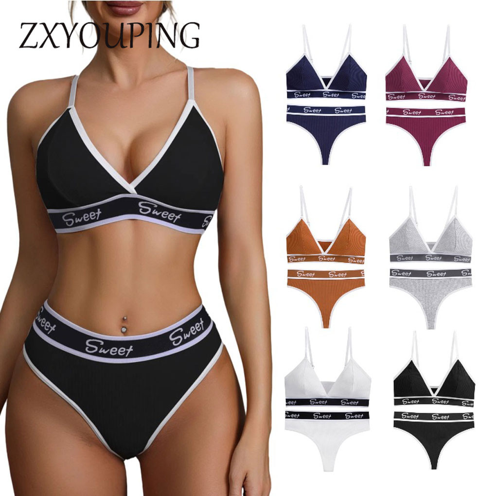 Zxyouping Tobak ชุดกางเกง Bra และกางเกงบิกินี่เซ็กซี่กีฬา,จดหมายพิมพ์ Trim Plunge Bras และ Thongs ชุดชั้นในชุด, ชุดชั้นในสตรีและชุดชั้นใน
