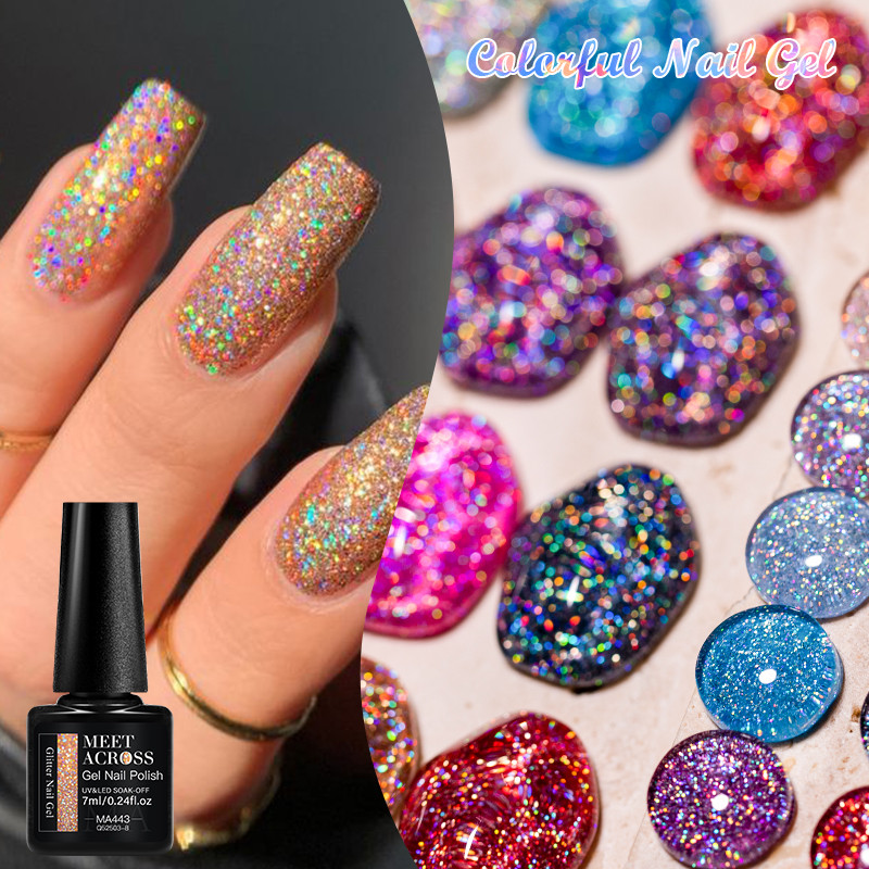 MEET ACROSS สีสันเล็บเจล Glitter สีแดงสีฟ้า Sparkle Gel กึ่งถาวร UV Gel Nail Art 7ml