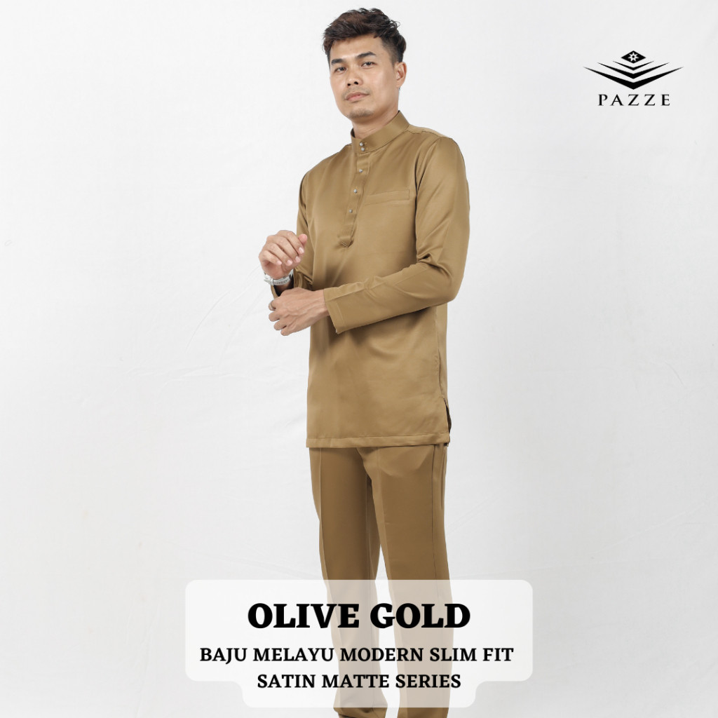 BM6062 Olive Gold Pazze Satin Matte Baju Melayu Modern Slim Fit Nikah 3XL 4XL 5XL