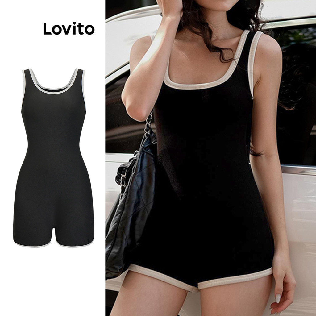 Lovito ชุดจั๊มสูทผูกคอนทราสต์ธรรมดาสำหรับผู้หญิง L85AD188