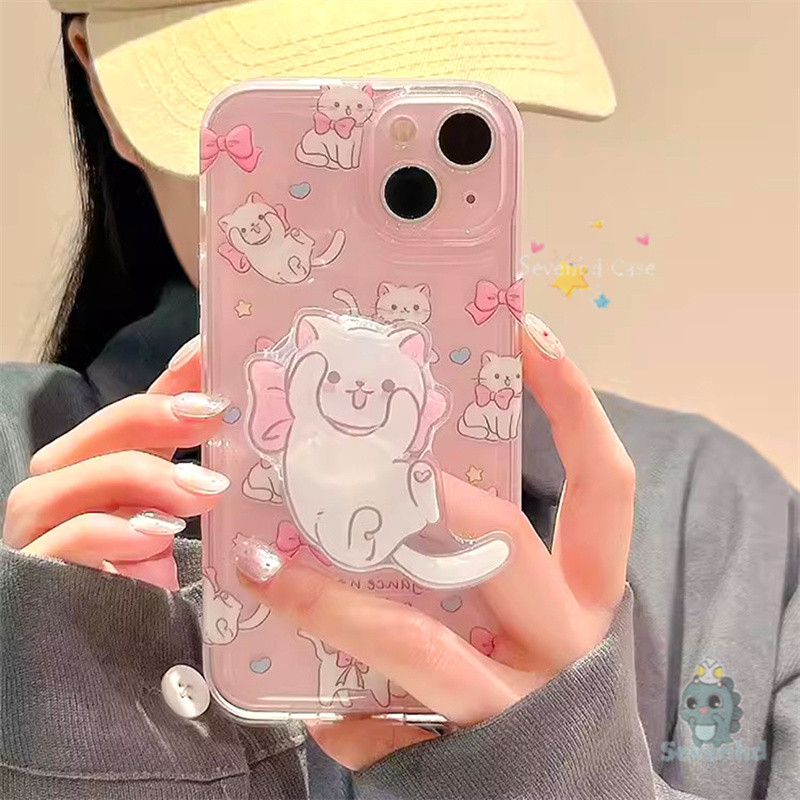 เข้ากันได้กับ iPhone 11 6s Plus 16 15 14 13 12 Pro Max SE 2020 Xr X Xs Max 7 8 6 ปลอกการ์ตูนน่ารักลูกแมวเคสโทรศัพท์ + วงเล็บซิลิคอนอ่อนป้องกันฝาครอบใส