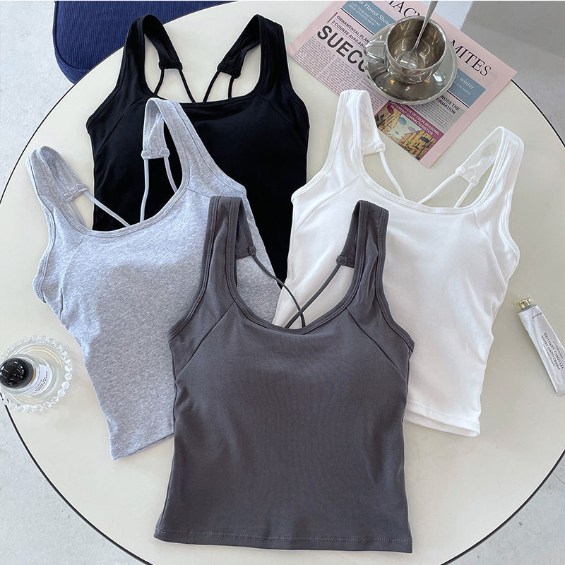 #385 ฤดูร้อนข้ามที่สวยงามกลับ เสื้อชั้นในสตรี ผู้หญิงคงที่หน้าอก เบาะ บาง-พอดีสวมใส่ด้านนอกกีฬา