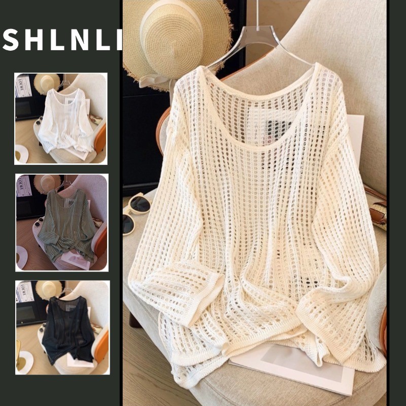 ผู้หญิงฤดูร้อนกลวงขี้เกียจหลวมถักเสื้อยืดครีมกันแดดรอบคอแขนยาวอเนกประสงค์ด้านบน