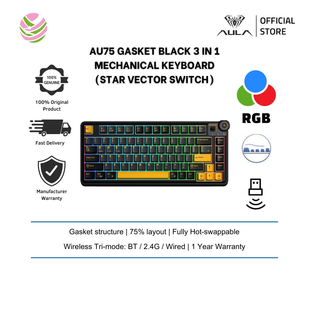 AULA AU75 คีย์บอร์ดเกม, Tri-Mode BT5.0/2.4G/USB-C Mechanical Keyboard, Hot Swappable RGB Backlit - ส