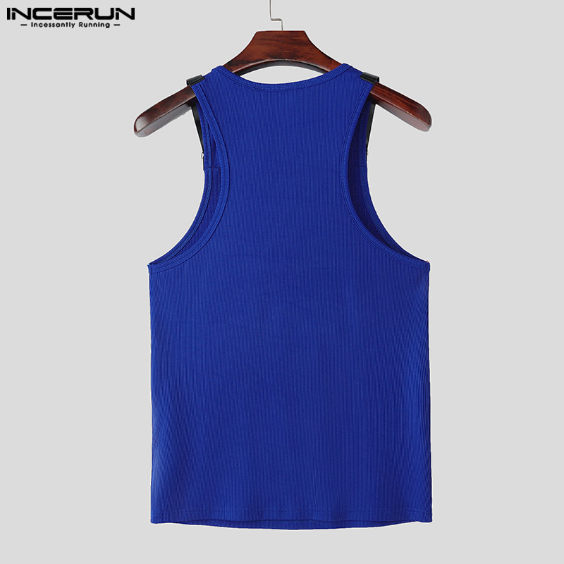 INCERUN Men Korean Street Stylish Crew Neck Leather Buckle Splicing Sleeve Tanks - รูปที่ 6