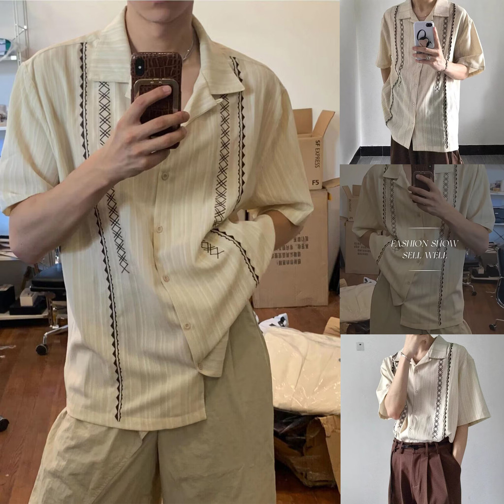 สไตล์อเมริกันหล่อคิวบาคอวีลายพิมพ์เสื้อผู้ชายฤดูร้อนใหม่อินแขนสั้นผู้ชายอเนกประสงค์สบายๆเย็นท็อปส์เป็นกลางม-3เอ็กแอล