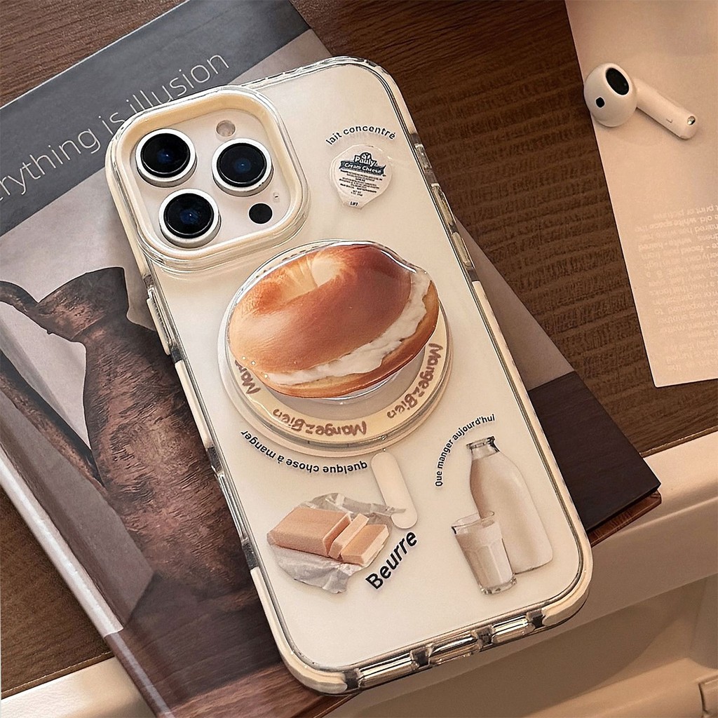 INS Bagel ขนมปังแม่เหล็กกรณีโปร่งใสพร้อมที่วางสําหรับ Iphone 16 15 14 11 12 13 PRO MAX ปลอกฝาครอบป้องกัน AT2371