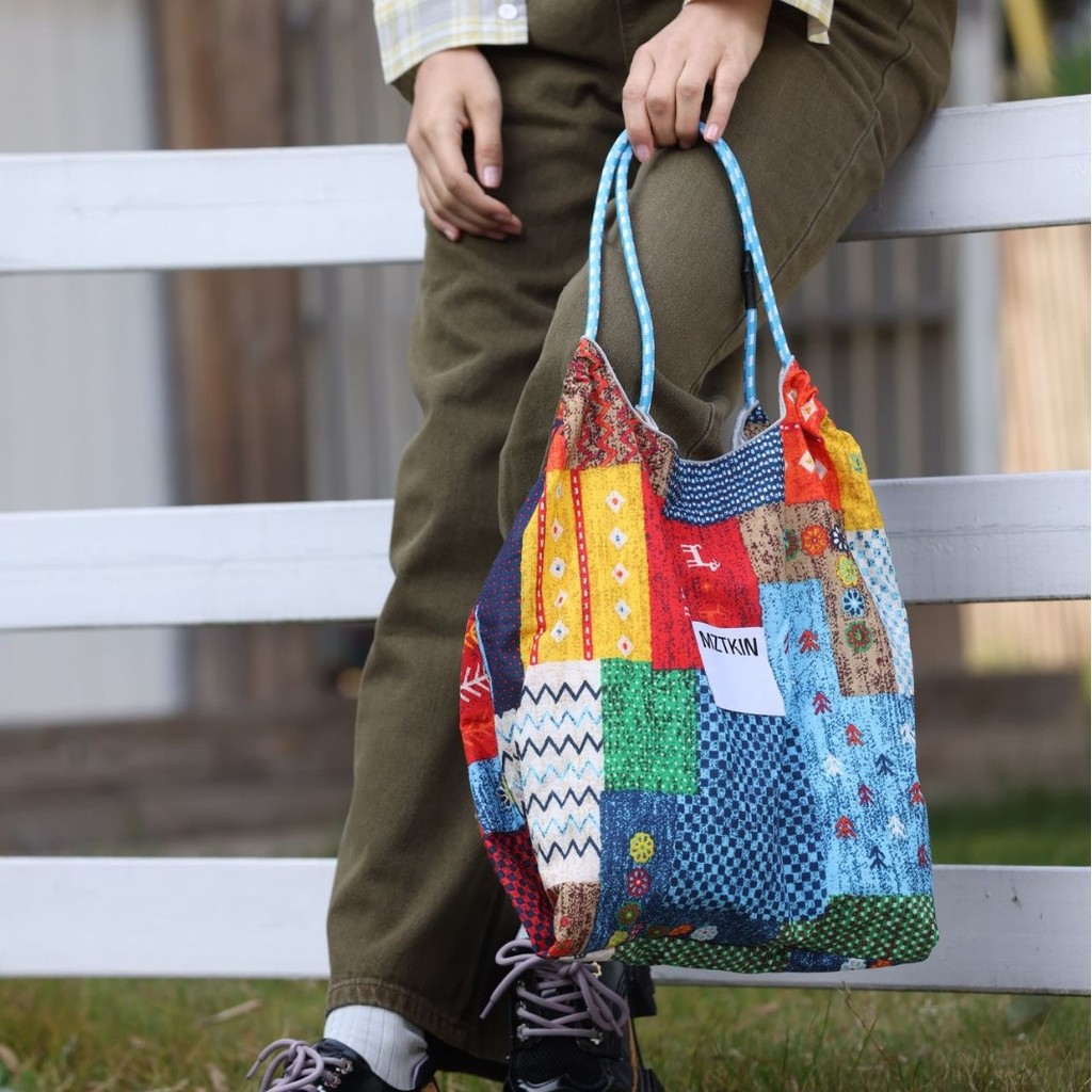 เนปาล Patchwork Handmade Tote Bag MZTKIN กระเป๋าสะพายความจุขนาดใหญ่สไตล์ชาติพันธุ์ [หัวเข็มขัดแม่เหล็กป้องกันการโจรกรรม] Travel Wear/Market Shopping