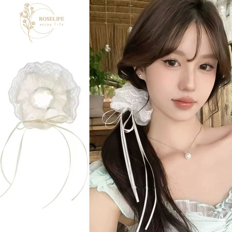 Roselife หวาน Graceful Fairy ยาวสีขาวริบบิ้นโบว์ลูกไม้ผม Ties สําหรับผู้หญิงสาวออกเดทปาร์ตี้แฟชั่นผม Scrunchies ทุกวันอุปกรณ์จัดแต่งทรงผม