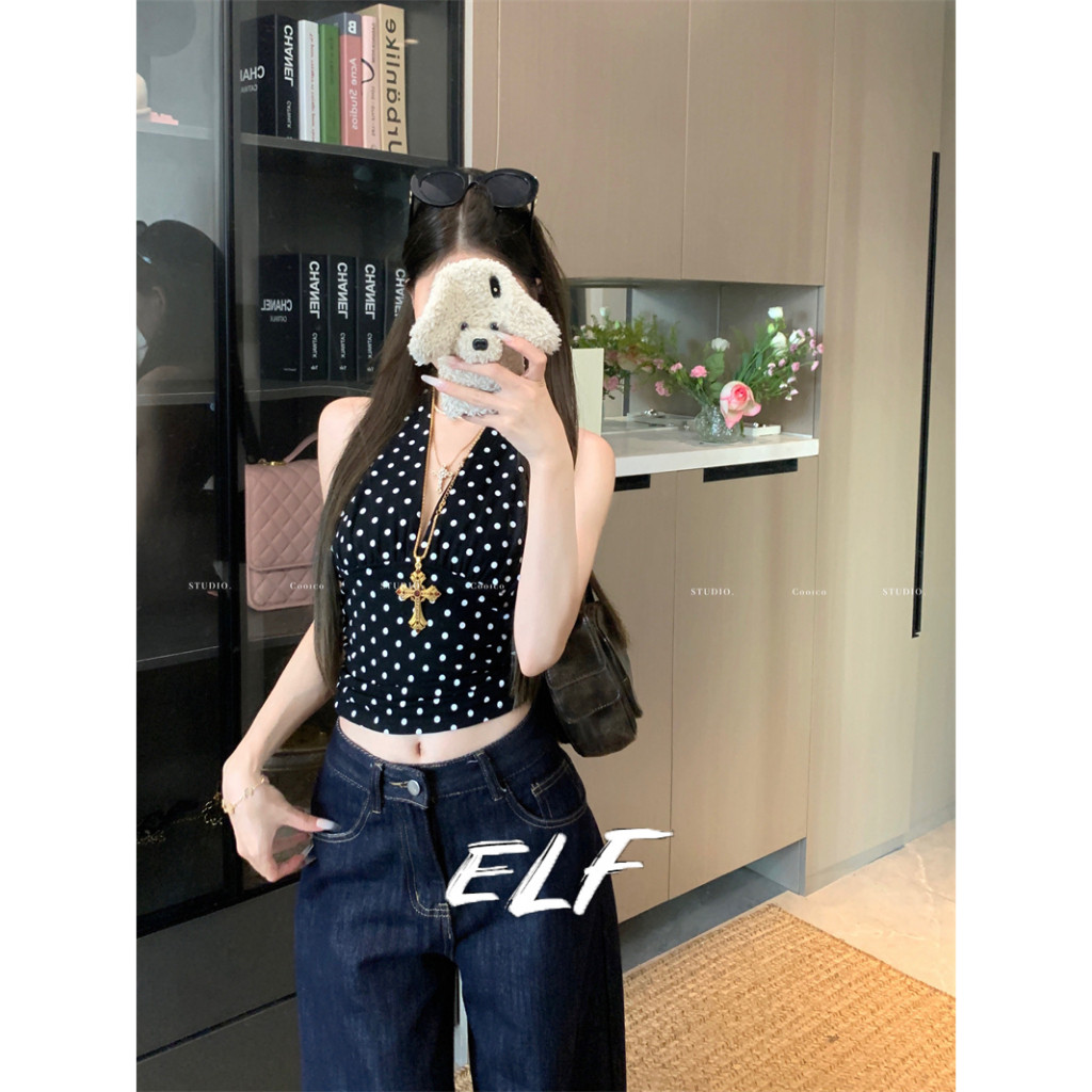 เดรสสไตล์ลายจุดย้อนยุคห้อยคอเสื้อกั๊กผู้หญิงฤดูร้อนปรุงคอวีเซ็กซี่และเสื้อแขนกุดสั้นเข้ารูป