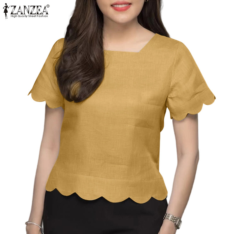 ZANZEA ใส่ ซานเซีย ผู้หญิงแฟชั่นเกาหลีลําลองคอสี่เหลี่ยมแขนสั้นขอบหยักท็อปส์