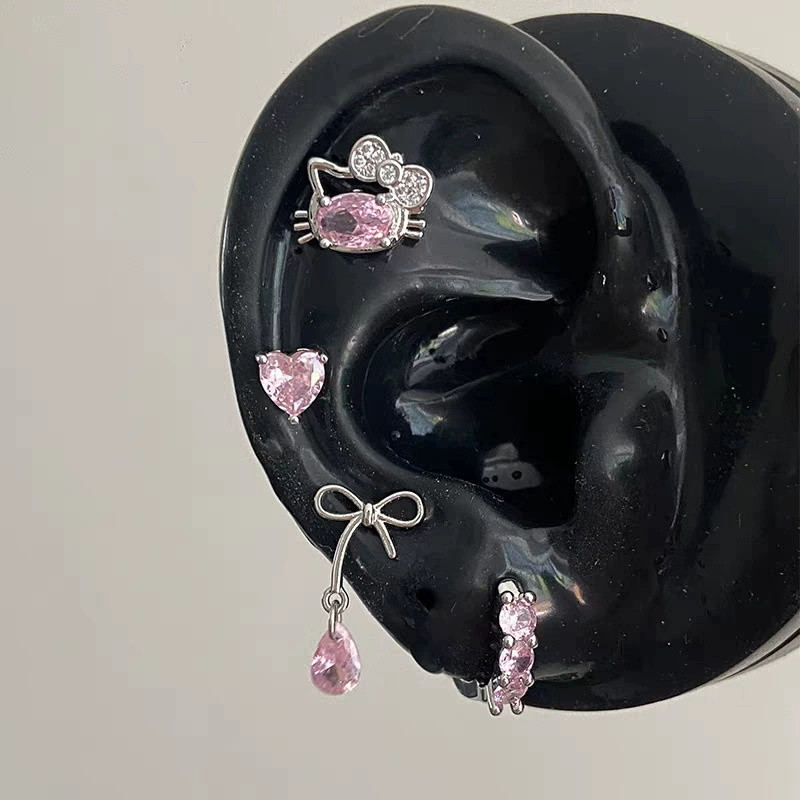 1ชิ้นแฟชั่น พลอยเทียม โบว์การ์ตูนแมว กระดูกหู ต่างหูสําหรับผู้หญิง