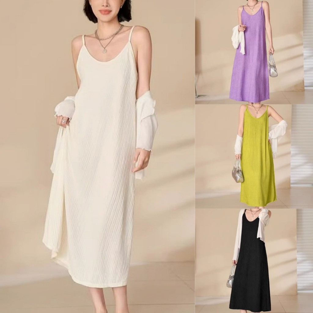 Kaekai พร้อมส่ง เดรสยาว สายเดี่ยว ทรงเรียบง่าย สไตล์ลำลอง ผ้าท็อฟฟี่แบบทิ้งตัว ใส่สบาย ระบายอากาศ แฟชั่นเกาหลี