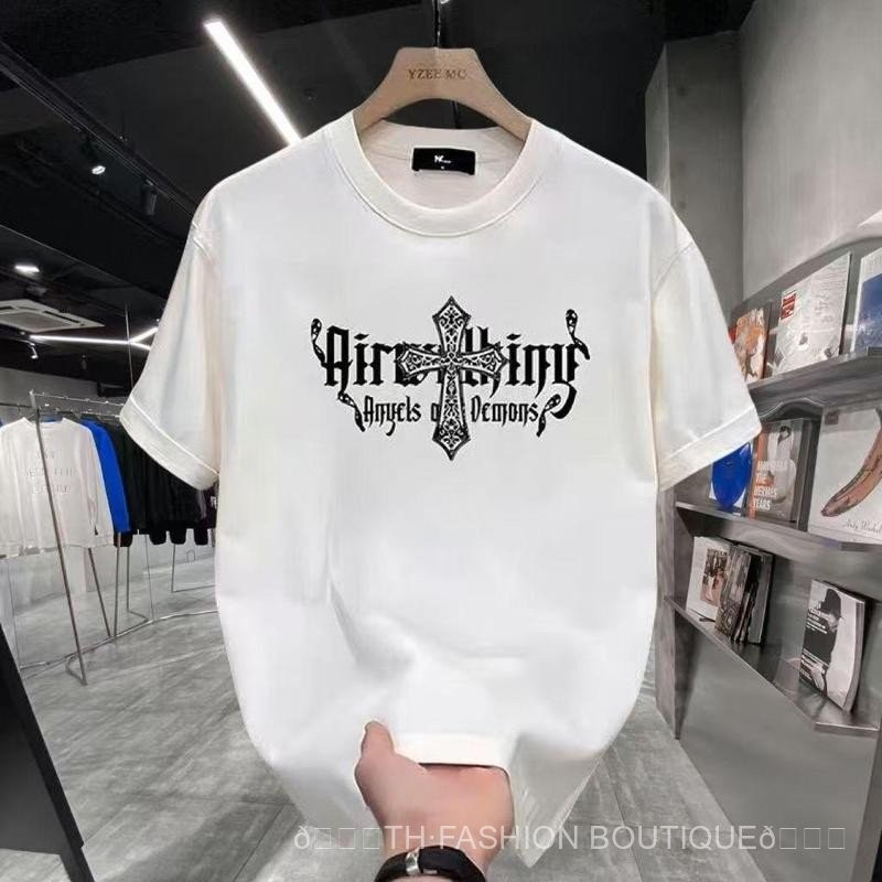 เวอร์ชั่นเกาหลีอินเทรนด์ลําลองผู้ชายคอกลมผ้าฝ้ายแท้พิมพ์เสื้อยืดแขนสั้น 2024 ฤดูร้อนสไตล์ใหม่