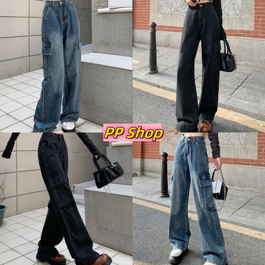 💜PP Shop​💜พร้อมส่ง กางเกงยีนส์ เอวสูง ขายาว กางเกงขากว้าง ทรงกระบอก กระเป๋าข้าง คาโก้เท่มาก ใส่สบาย 