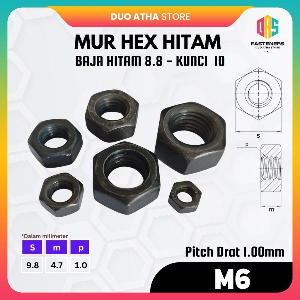 น็อตเหล็กสีดํา M6 / น็อตหกเหลี่ยมสีดํา M6 / น็อตหกเหลี่ยม M6 เกรด 8.8 Pitch 1.00 คีย์ 10