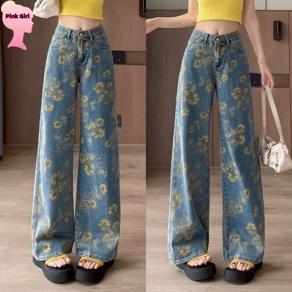 💋Pink girl💋​พร้อมส่ง กางเกงขายาว เอวสูง ลายดอกไม้สีเหลือง ทรงกระบอก ' NZ88085